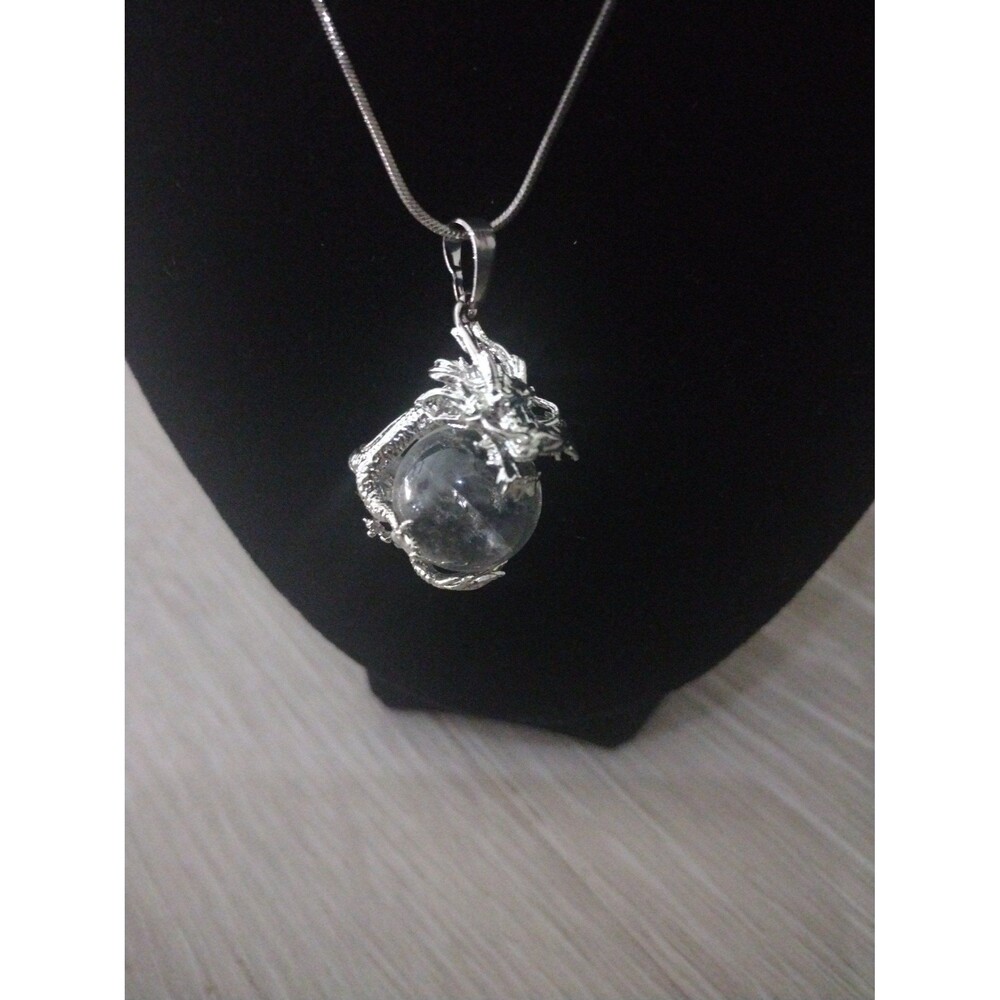Silver Plated Dragon Wrapped Around A Natural Clear Quartz Gemstone
